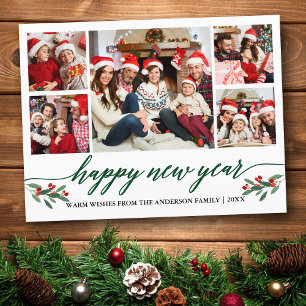 Modern Calligraphy 5 Photo Happy New Year Green Postcard