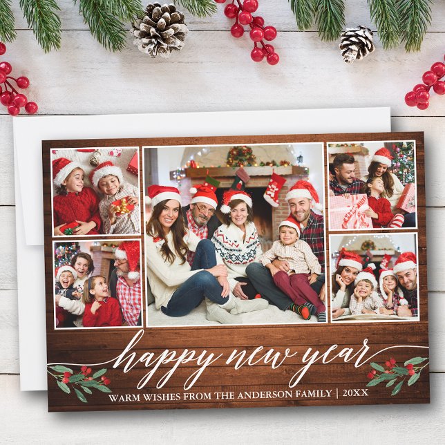 Modern Calligraphy 5 Photo Wood Happy New Year Holiday Card (Customize to add text to back of card.)
