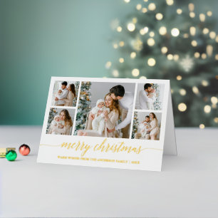 Modern Calligraphy 5 Photos Merry Christmas Gold Foil Holiday Card
