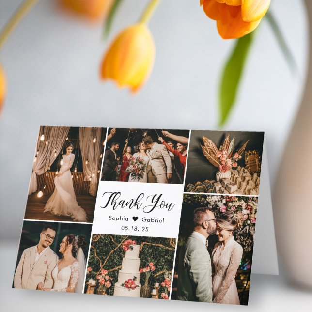 Modern Calligraphy 6 Photo Collage Wedding Thank Y Thank You Card (Creator Uploaded)