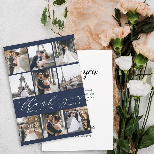 Modern Calligraphy 9 Photo Collage Navy Blue Thank You Card (Creator Uploaded)