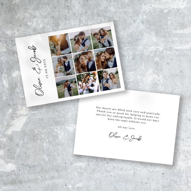Modern Calligraphy 9 Photo Collage Wedding  Thank You Card (Creator Uploaded)