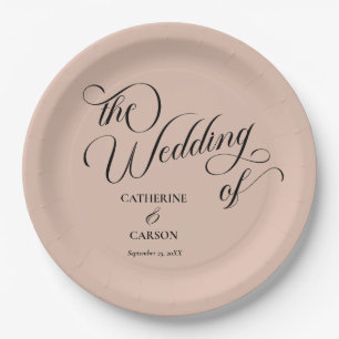 Modern Calligraphy Beige Wedding Paper Plate