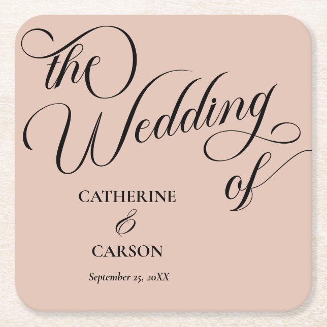 Modern Calligraphy Beige Wedding  Square Paper Coaster (Front)