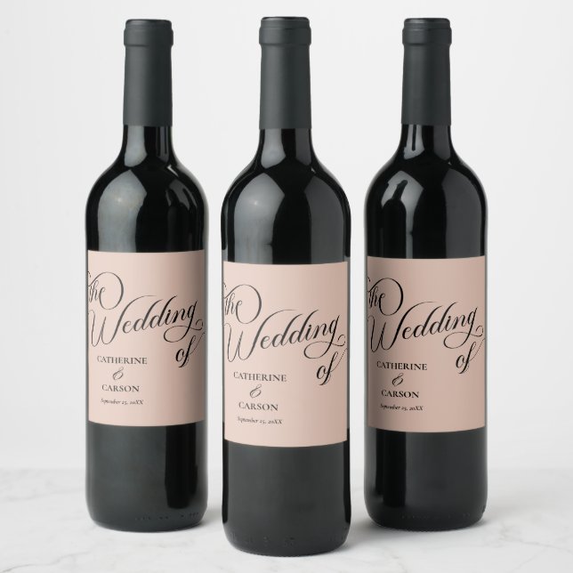 Modern Calligraphy Beige Wedding  Wine Label (Bottles)