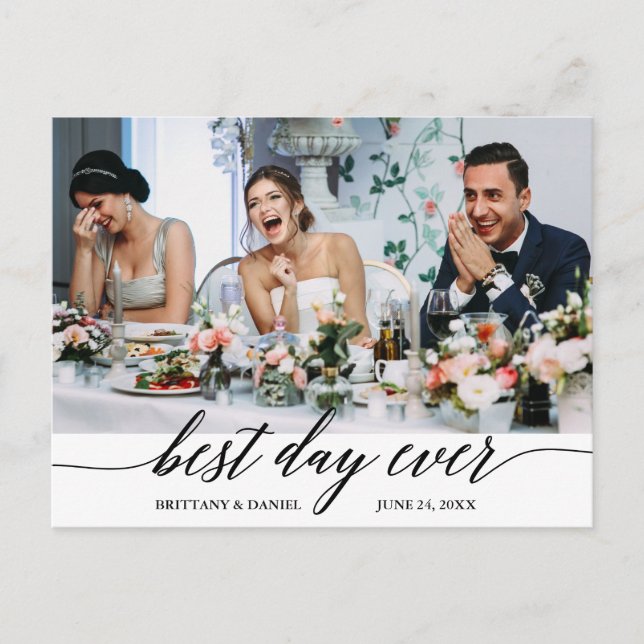 Modern Calligraphy Best Day Ever Wedding Thank You Postcard (Front)
