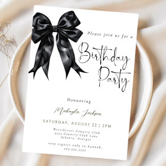 Modern Calligraphy Black Bow Birthday Invitation