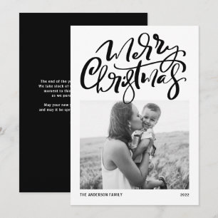 Modern Calligraphy Black Photo Merry Christmas Holiday Card