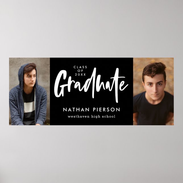 Modern Calligraphy Black Two Photo Graduation Poster (Front)