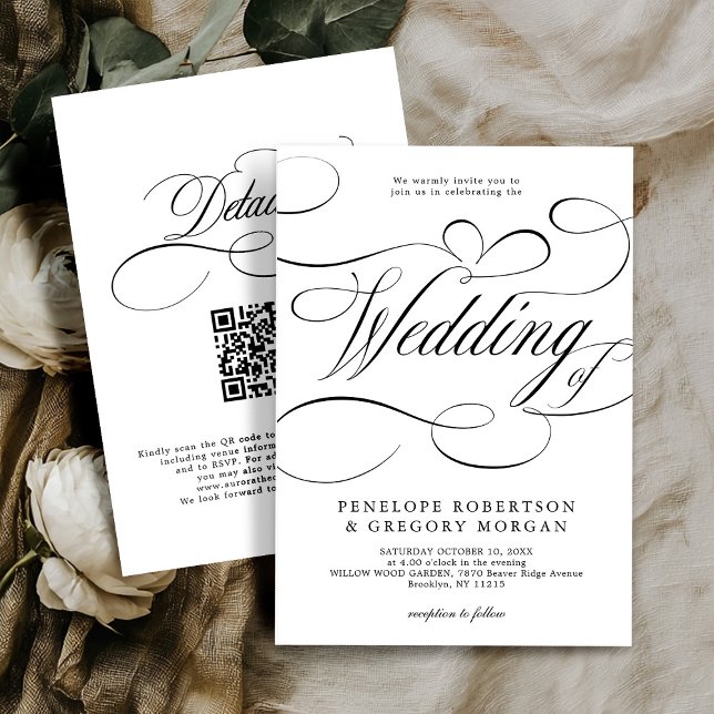 Modern calligraphy black white QR code wedding Invitation (Modern calligraphy black white QR code on back wedding Invitation)