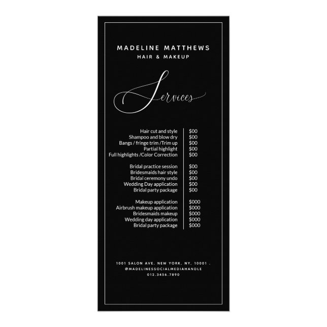 Modern Calligraphy Black White Salon Price List Rack Card (Front)