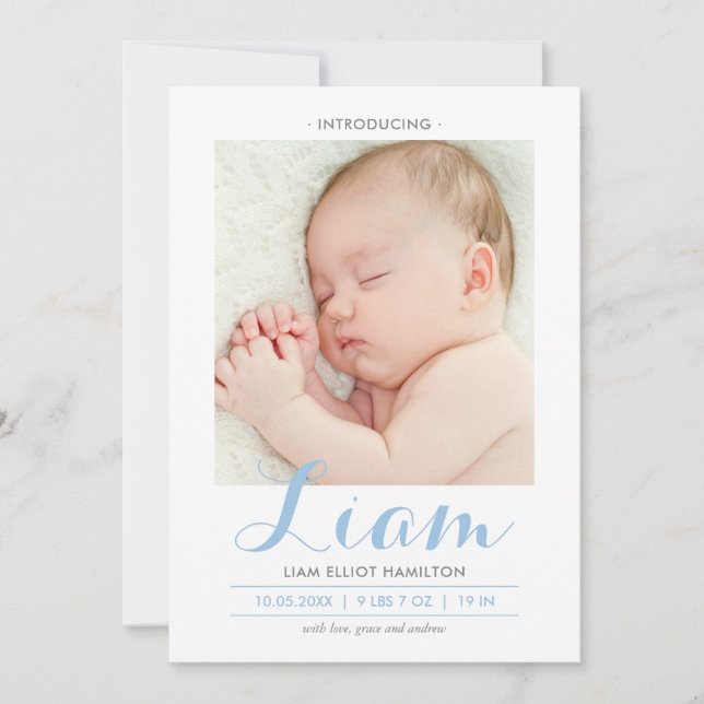 Modern Calligraphy Blue | Birth Announcement (Front)