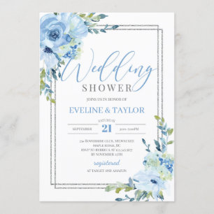 Modern calligraphy blue floral wedding shower invitation