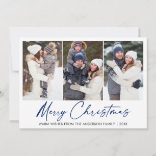 Modern Calligraphy Blue Ink Pen Christmas 3 Photo Holiday Card