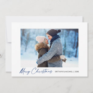 Modern Calligraphy Blue Ink Script Couple Photo Holiday Card