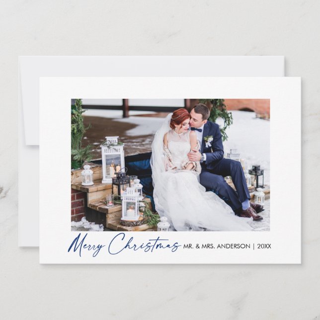 Modern Calligraphy Blue Ink Script Wedding Photo Holiday Card (Front)