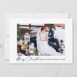 Modern Calligraphy Blue Ink Script Wedding Photo Holiday Card