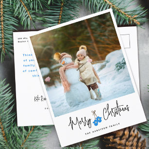 Modern Calligraphy Blue Mittens Photo Holiday Postcard