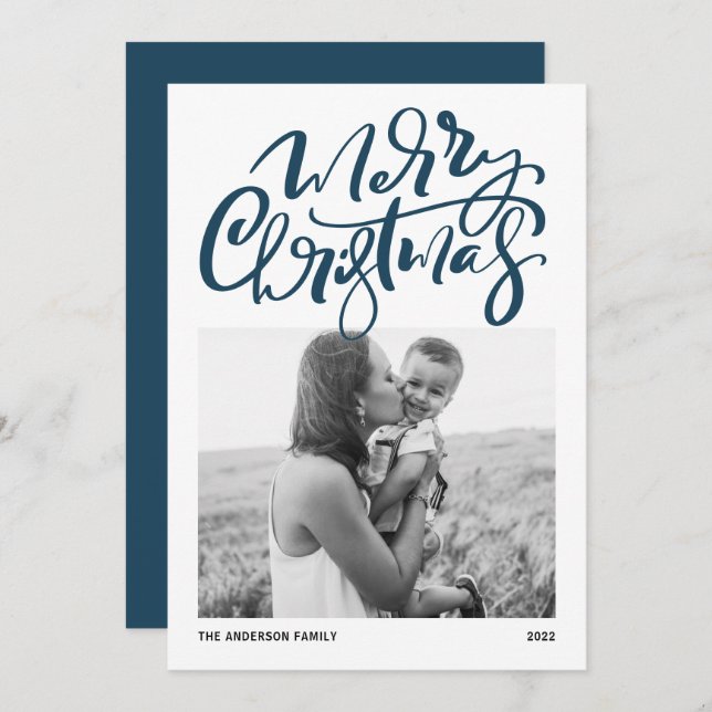 Modern Calligraphy Blue Photo Merry Christmas Holiday Card (Front/Back)