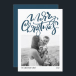 Modern Calligraphy Blue Photo Merry Christmas Holiday Card<br><div class="desc">Merry Christmas! Send Christmas wishes to family and friends with this customisable photo Christmas card. It features modern calligraphy and a simple script. Personalise this modern calligraphy Christmas card by adding your photo,  message and names. This modern Christmas card is available on other cardstock.</div>