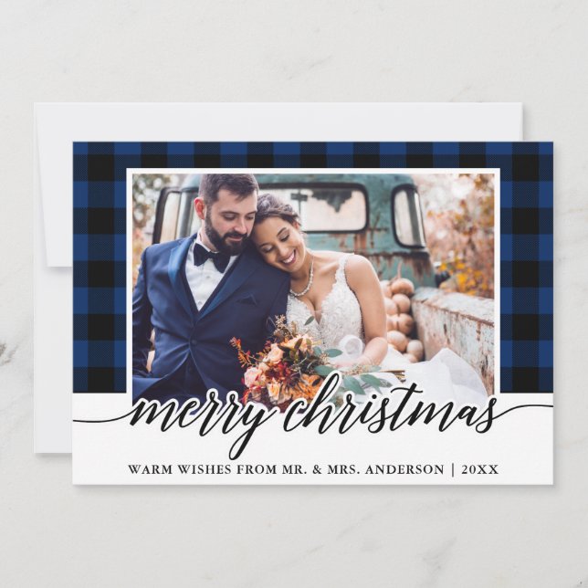 Modern Calligraphy Blue Plaid Wedding Photo Holiday Card (Front)