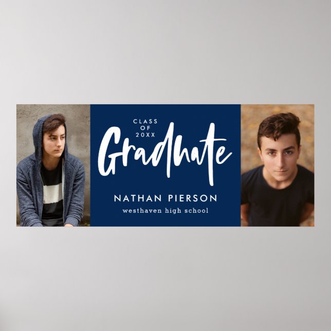 Modern Calligraphy Blue Two Photo Graduation Poster (Front)