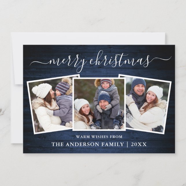 Modern Calligraphy Blue Wood 3 Photo Christmas Holiday Card (Front)