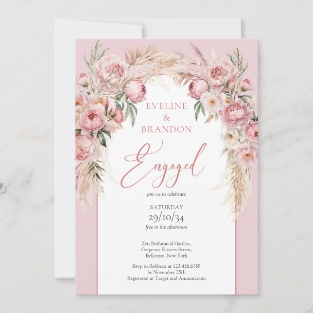Modern calligraphy blush peonies boho arch sage invitation (Front)