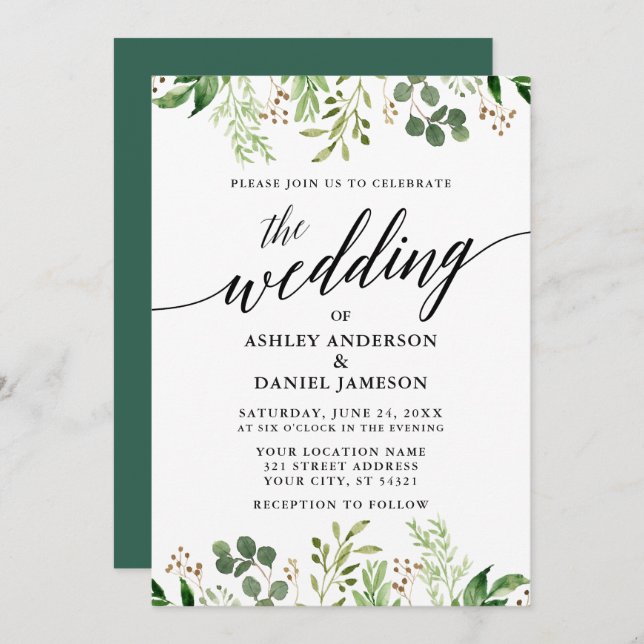 Modern Calligraphy Botanical Green Wedding Invitation (Front/Back)