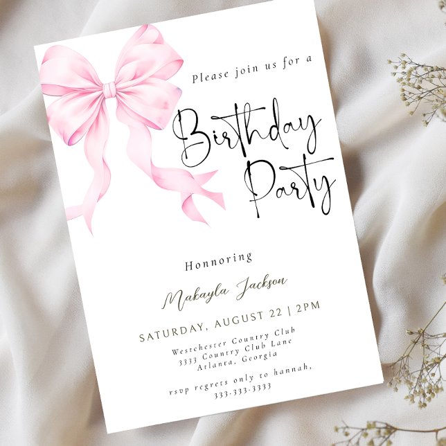 Modern Calligraphy Bow Birthday Invitation (Creator Uploaded)