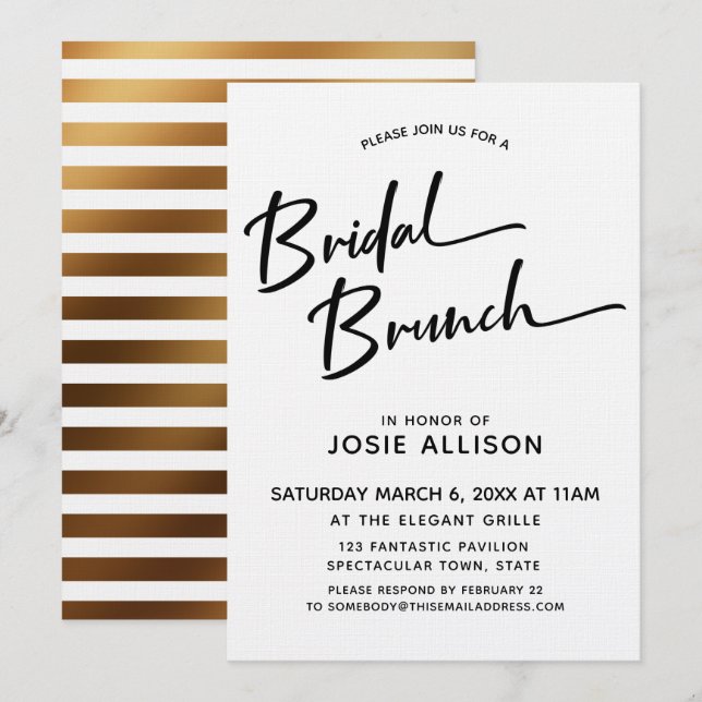Modern Calligraphy Bridal Brunch Striped Gold Back Invitation (Front/Back)