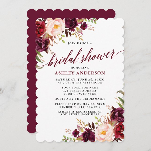 Modern Calligraphy Bridal Shower Burgundy Floral Invitation (Front/Back)