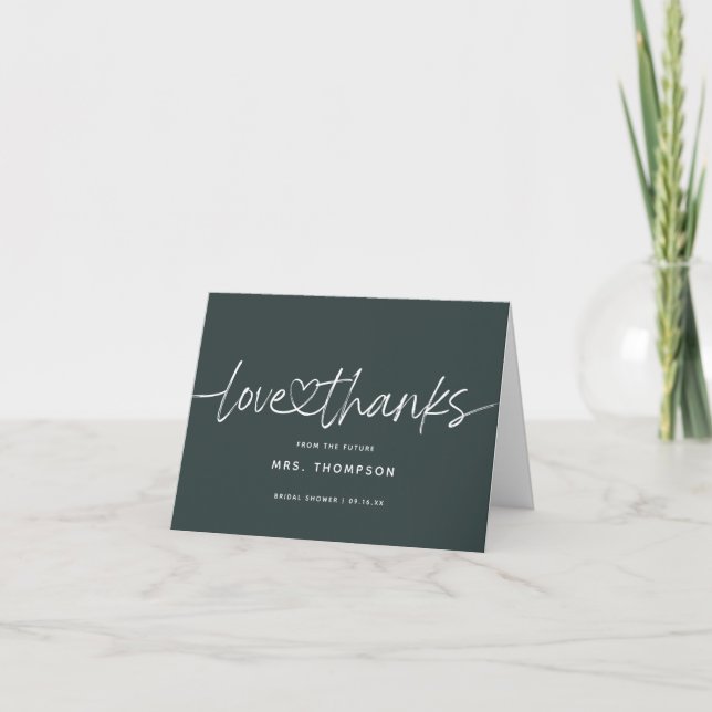 Modern Calligraphy Bridal Shower Pine Green Thank You Card (Front)