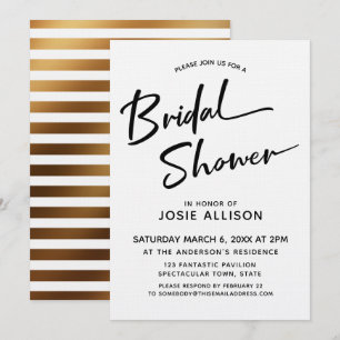 Modern Calligraphy Bridal Shower Striped Gold Back Invitation