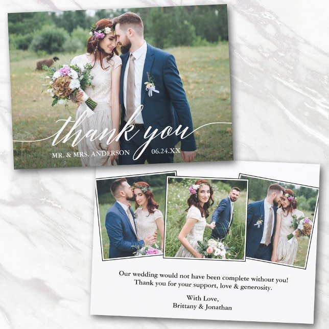 Modern Calligraphy Bride Groom 4 Photos Wedding Thank You Card (Customize to change your personalized text size or text style.)