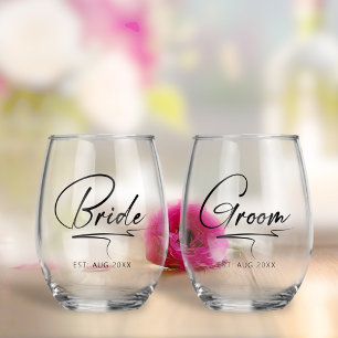 Modern Calligraphy Bride & Groom Black ID1025 Stemless Wine Glass