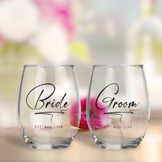 Modern Calligraphy Bride & Groom Black ID1025 Stemless Wine Glass (Creator Uploaded)