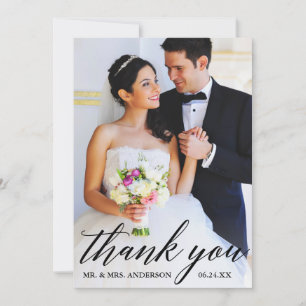 Modern Calligraphy Bride Groom Photo Wedding Thank You Card