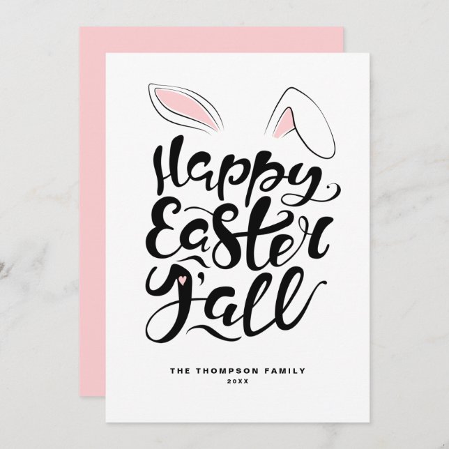 Modern Calligraphy Bunny Ears Happy Easter Y'all Holiday Card (Front/Back)