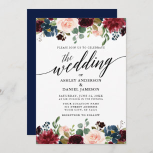Modern Calligraphy Burgundy Floral Blue Wedding Invitation