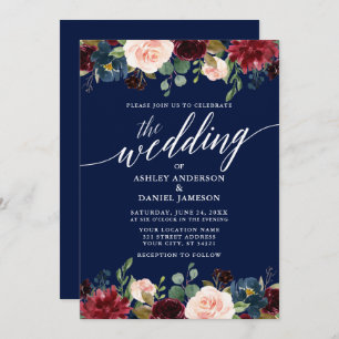Modern Calligraphy Burgundy Floral Wedding Blue Invitation