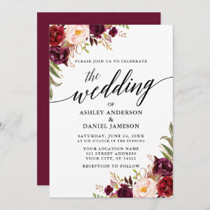 Modern Calligraphy Burgundy Floral Wedding Invitation