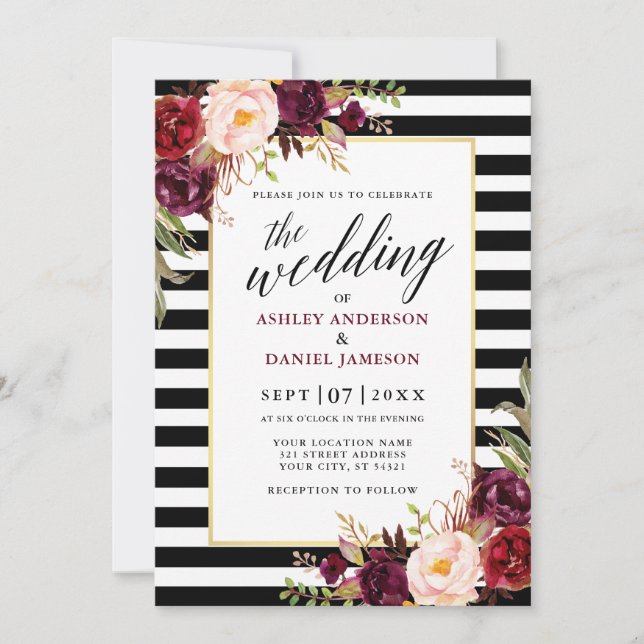 Modern Calligraphy Burgundy Floral Wedding Striped Invitation (Front)