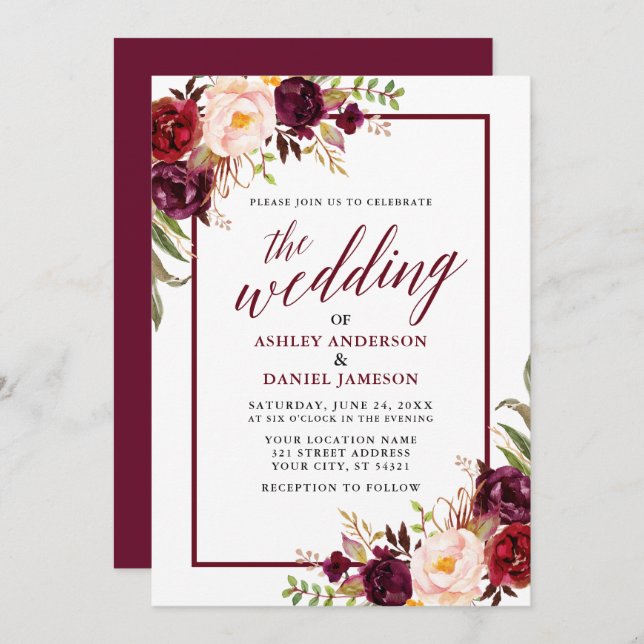 Modern Calligraphy Burgundy Frame Floral Wedding Invitation (Front/Back)
