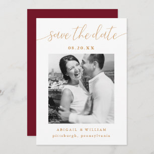Modern Calligraphy Burgundy Red Photo Wedding Save The Date