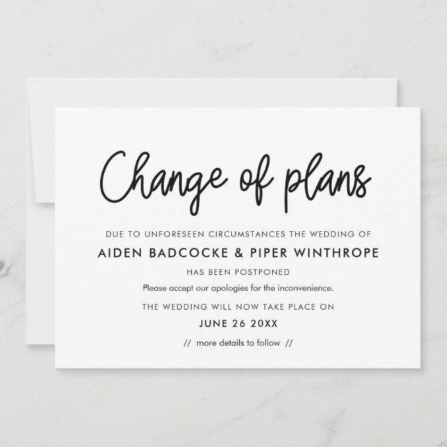 Modern calligraphy change of plans wedding update invitation (Front)