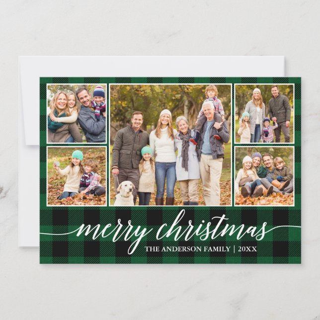 Modern Calligraphy Christmas 5 Photo Green Plaid Holiday Card (Front)