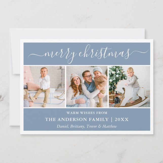 Modern Calligraphy Christmas Dusty Blue 3 Photo Holiday Card (Front)