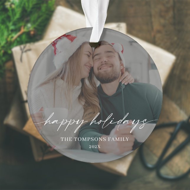 Modern Calligraphy Christmas Family Photo  Ornament (Creator Uploaded)