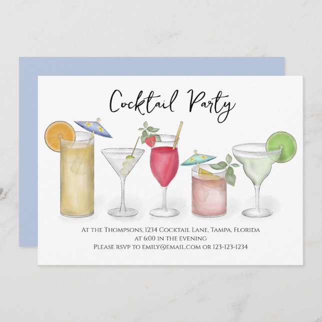 Modern Calligraphy Cocktails Drinks Watercolor Fun Invitation (Front/Back)